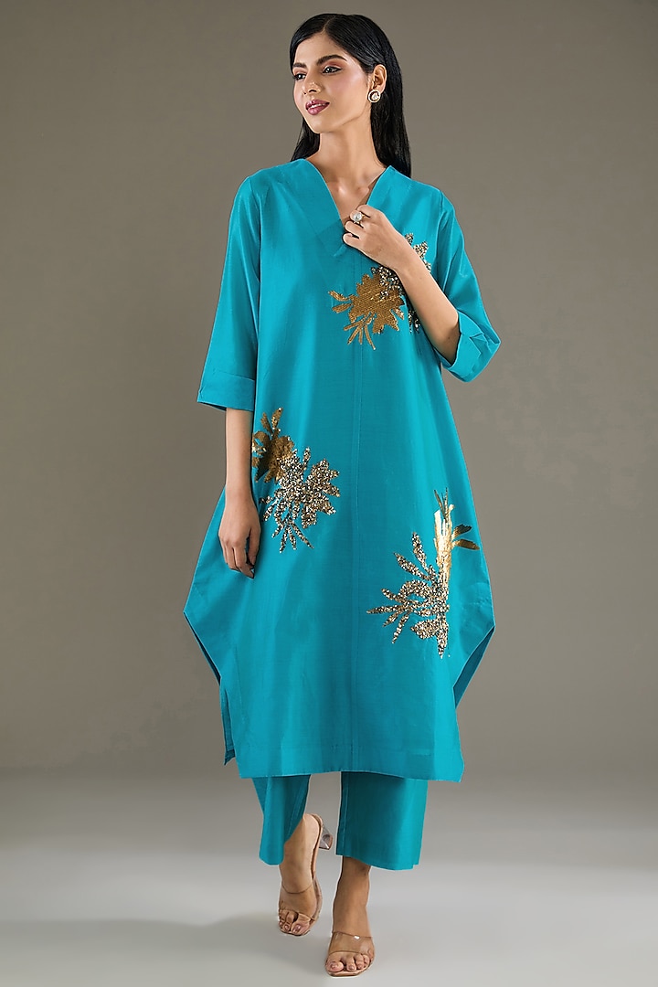 Turquoise Chanderi Sequins Hand Embroidered Tunic Set by TAIKA by Poonam Bhagat at Pernia's Pop Up Shop