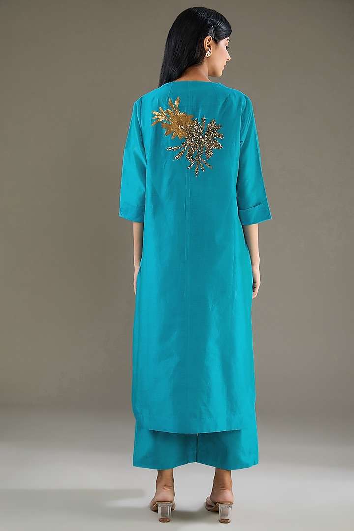 Turquoise Chanderi Sequins Hand Embroidered Tunic Set by TAIKA by Poonam Bhagat at Pernia's Pop Up Shop