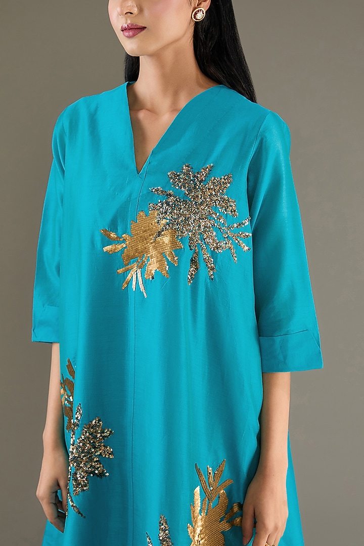 Turquoise Chanderi Sequins Hand Embroidered Tunic Set by TAIKA by Poonam Bhagat at Pernia's Pop Up Shop