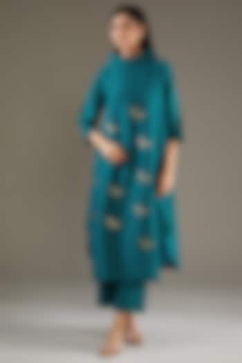 Teal Chanderi Zardosi Hand Embroidered Tunic Set by TAIKA by Poonam Bhagat at Pernia's Pop Up Shop