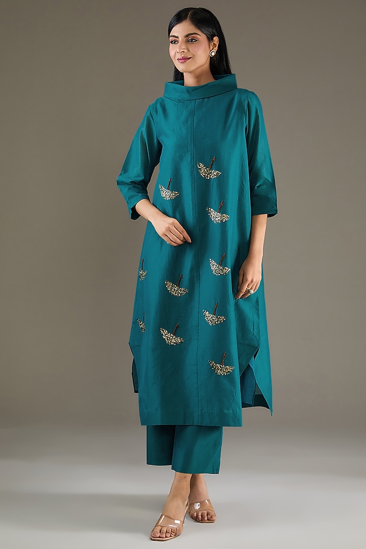 Teal Chanderi Zardosi Hand Embroidered Tunic Set by TAIKA by Poonam Bhagat at Pernia's Pop Up Shop