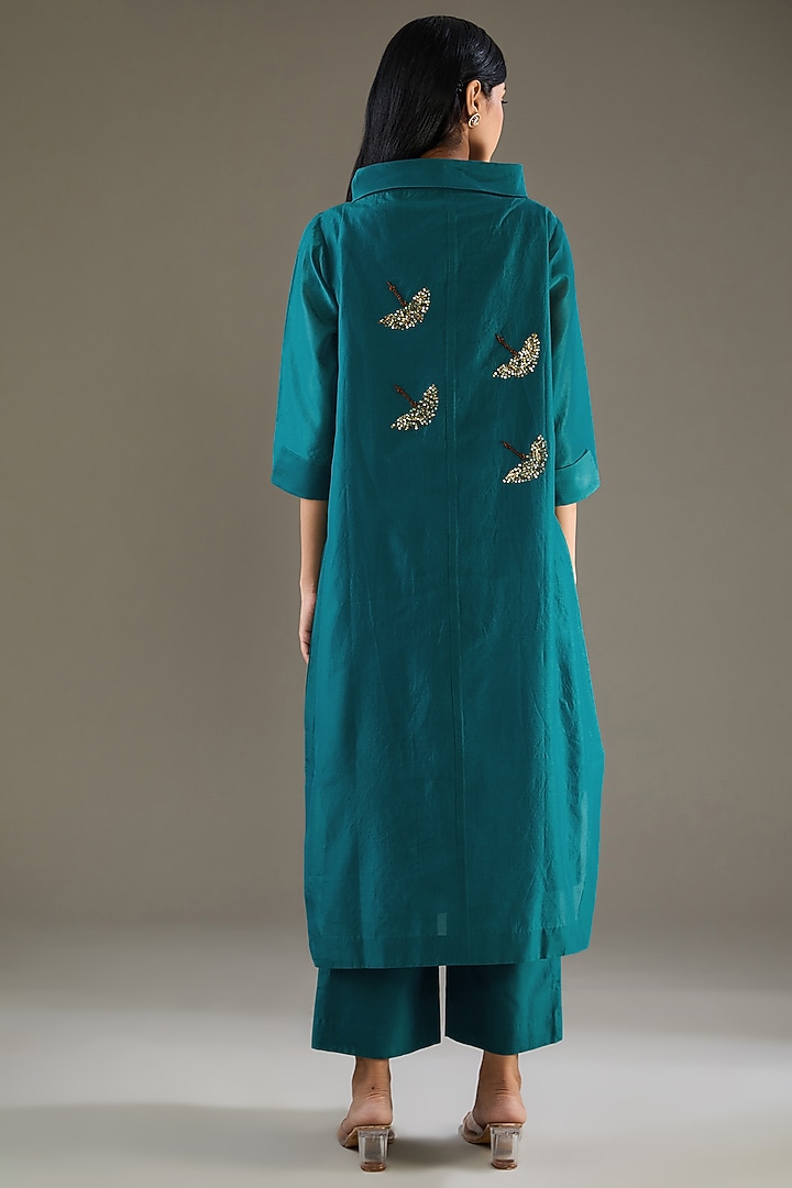 Teal Chanderi Zardosi Hand Embroidered Tunic Set by TAIKA by Poonam Bhagat at Pernia's Pop Up Shop