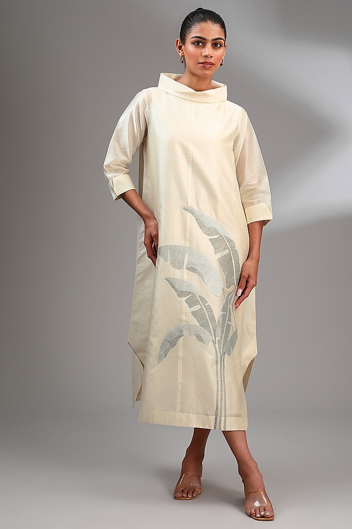 Ivory Chanderi Embroidered Midi A-Line Dress by Taika By Poonam Bhagat