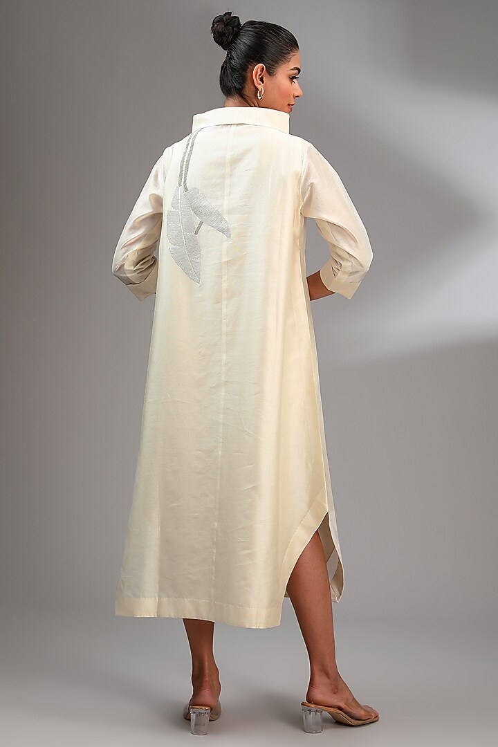 Ivory Chanderi Embroidered Midi A-Line Vacation Dress by Taika By Poonam Bhagat at Pernia's Pop Up Shop