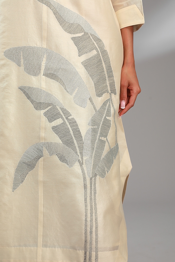 Ivory Chanderi Embroidered Midi A-Line Vacation Dress by Taika By Poonam Bhagat at Pernia's Pop Up Shop