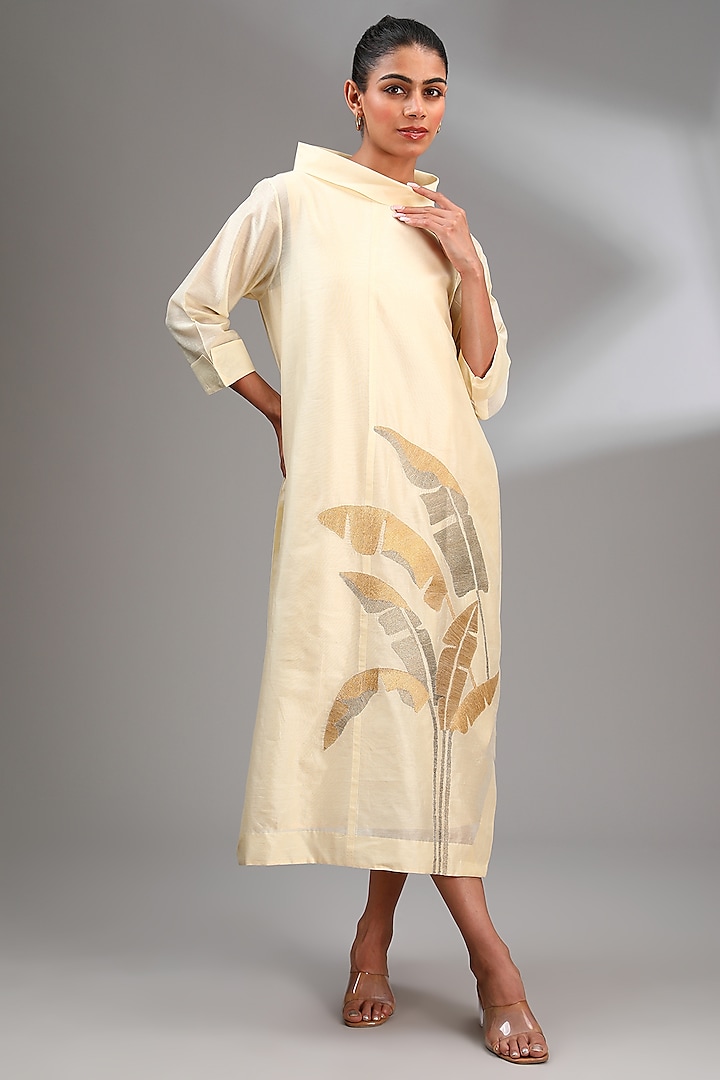 Beige Chanderi Embroidered Midi A-Line Dress by Taika By Poonam Bhagat at Pernia's Pop Up Shop