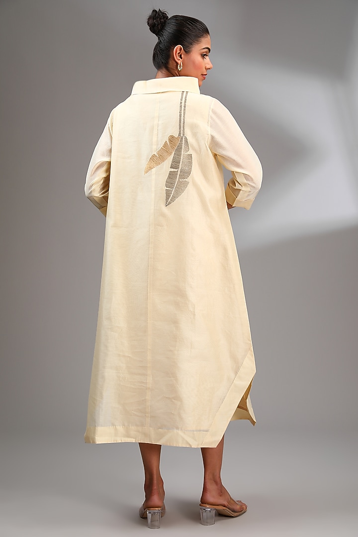 Beige Chanderi Embroidered Midi A-Line Vacation Dress by Taika By Poonam Bhagat at Pernia's Pop Up Shop