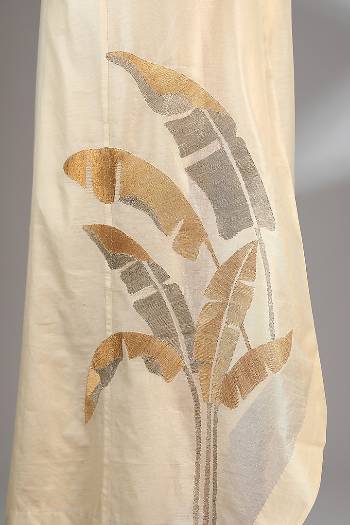 Beige Chanderi Embroidered Midi A-Line Vacation Dress by Taika By Poonam Bhagat at Pernia's Pop Up Shop