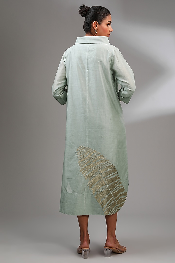 Mint Chanderi Embroidered Midi A-Line Vacation Dress by Taika By Poonam Bhagat at Pernia's Pop Up Shop