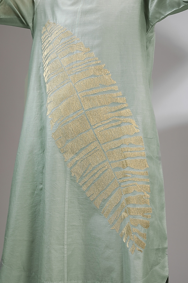 Mint Chanderi Embroidered Midi A-Line Vacation Dress by Taika By Poonam Bhagat at Pernia's Pop Up Shop