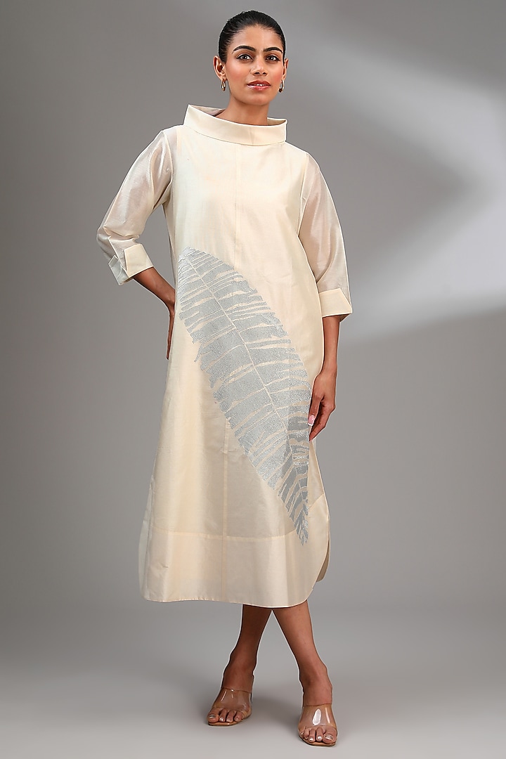 Ivory Chanderi Embroidered Midi A-Line Dress by Taika By Poonam Bhagat at Pernia's Pop Up Shop