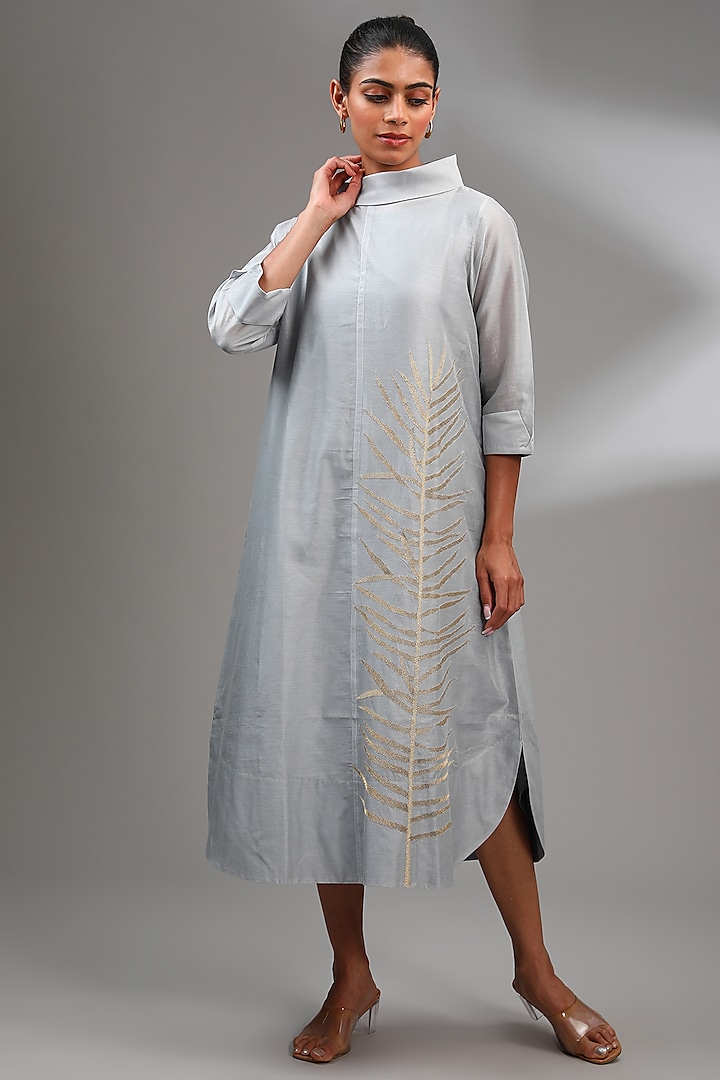 Powder Blue Chanderi Embroidered Midi A-Line Dress by Taika By Poonam Bhagat at Pernia's Pop Up Shop