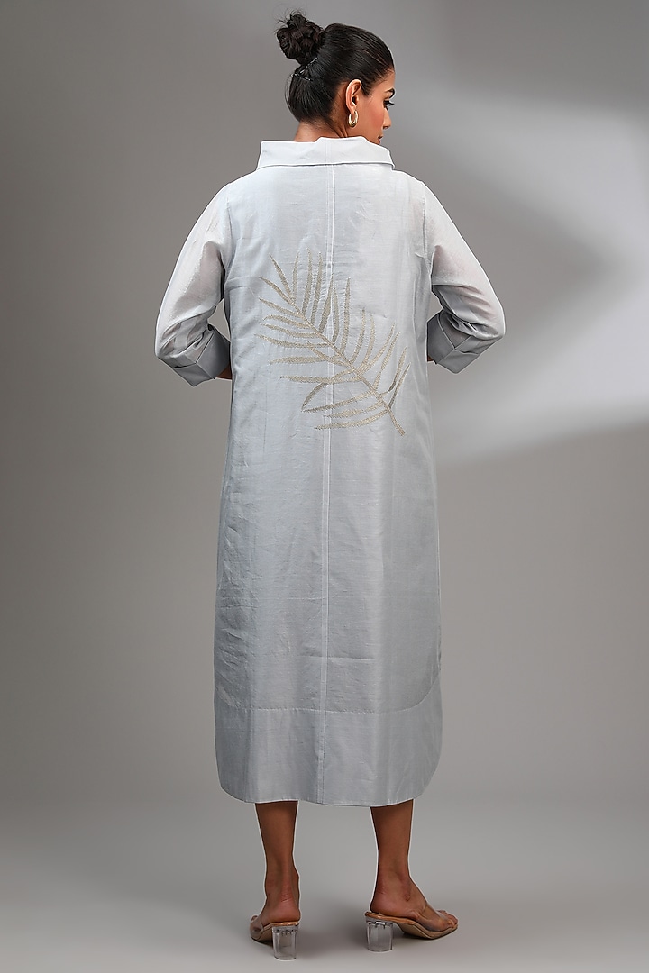 Powder Blue Chanderi Embroidered Midi A-Line Vacation Dress by Taika By Poonam Bhagat at Pernia's Pop Up Shop