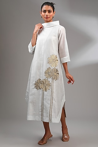Pale Grey Chanderi Embroidered Midi A-Line Dress by Taika By Poonam Bhagat