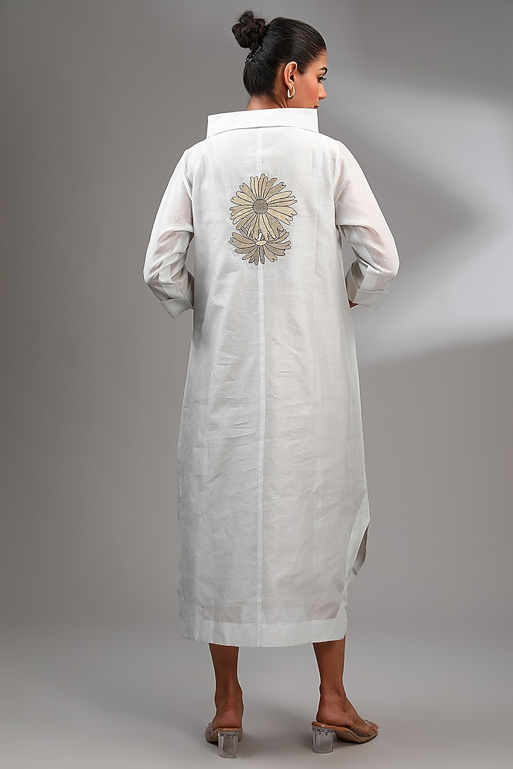 Pale Grey Chanderi Embroidered Midi A-Line Vacation Dress by Taika By Poonam Bhagat at Pernia's Pop Up Shop