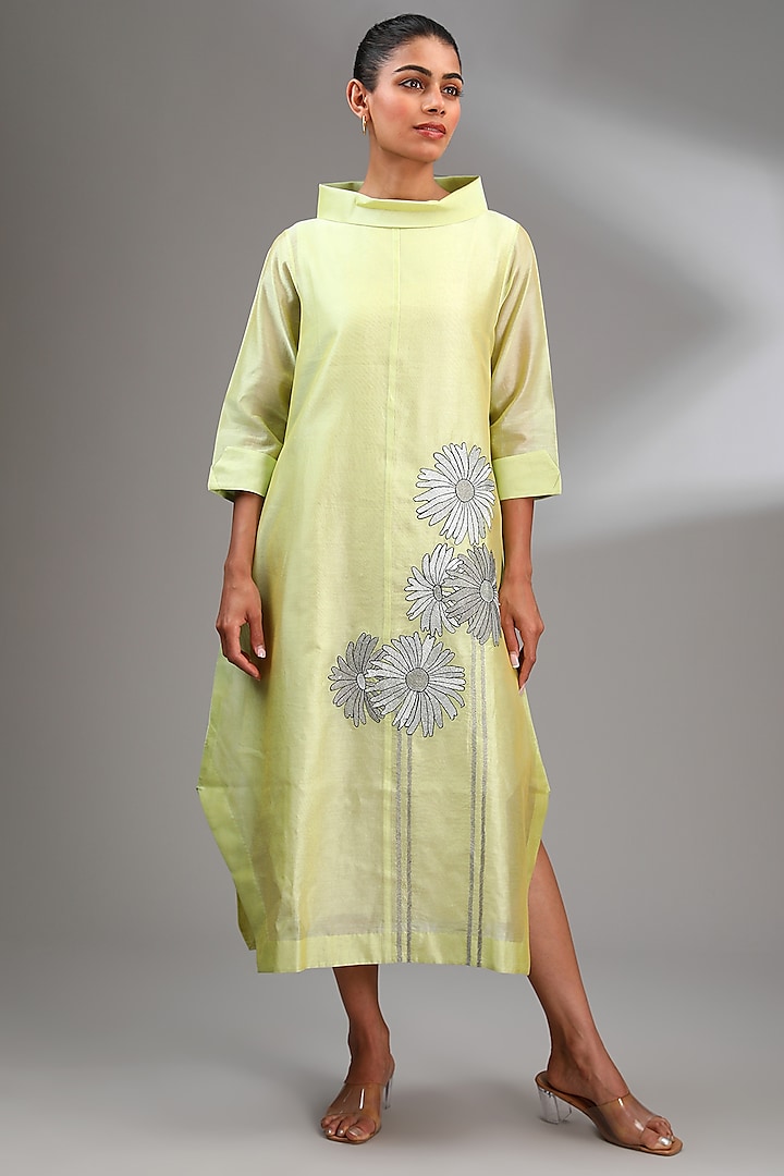 Lime Green Chanderi Embroidered Midi A-Line Dress by Taika By Poonam Bhagat