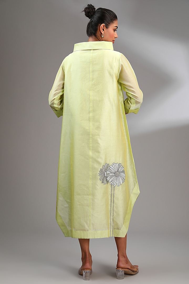 Lime Green Chanderi Embroidered Midi A-Line Vacation Dress by Taika By Poonam Bhagat at Pernia's Pop Up Shop