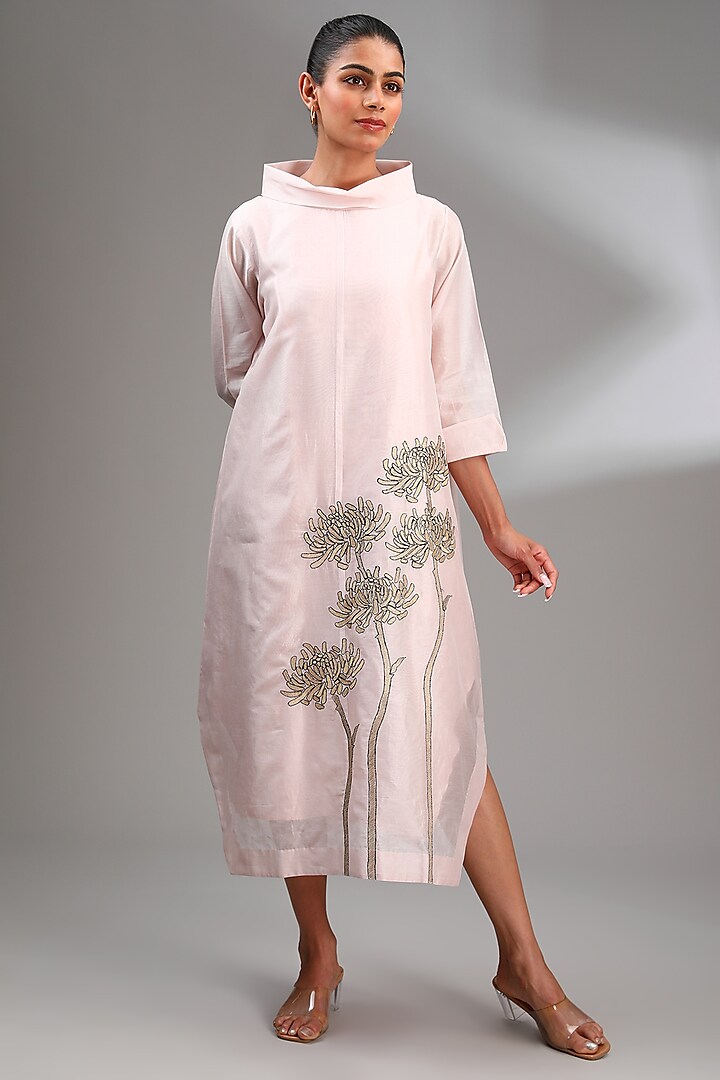 Powder Pink Chanderi Embroidered Midi A-Line Dress by Taika By Poonam Bhagat at Pernia's Pop Up Shop