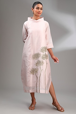 Powder Pink Chanderi Embroidered Midi A-Line Dress by Taika By Poonam Bhagat
