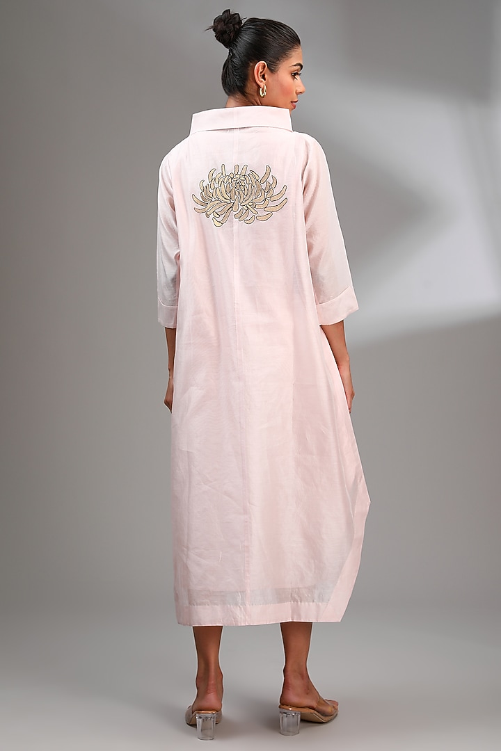 Powder Pink Chanderi Embroidered Midi A-Line Vacation Dress by Taika By Poonam Bhagat at Pernia's Pop Up Shop