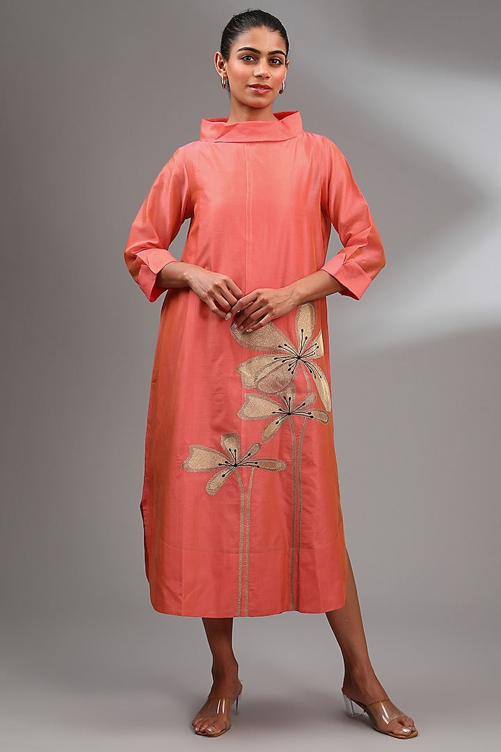 Coral Chanderi Embroidered Midi A-Line Dress by Taika By Poonam Bhagat