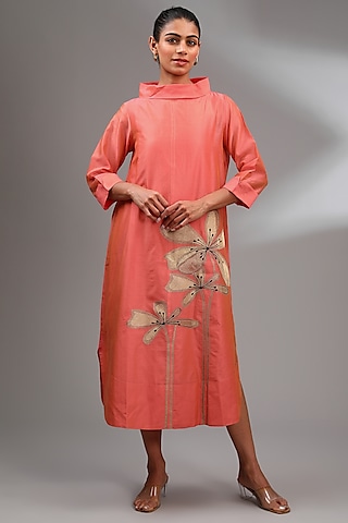 Coral Chanderi Embroidered Midi A-Line Dress by Taika By Poonam Bhagat