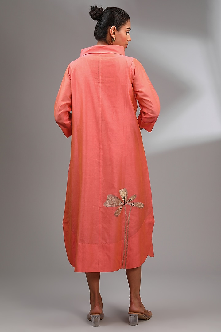 Coral Chanderi Embroidered Midi A-Line Vacation Dress by Taika By Poonam Bhagat at Pernia's Pop Up Shop