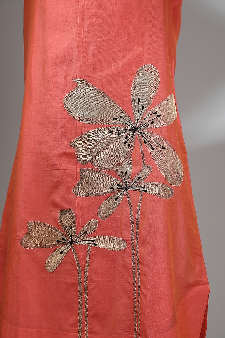 Coral Chanderi Embroidered Midi A-Line Vacation Dress by Taika By Poonam Bhagat at Pernia's Pop Up Shop