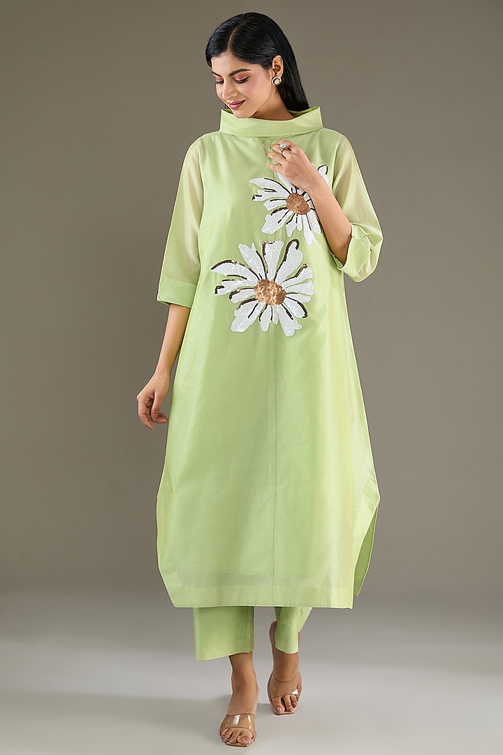 Lime Green Chanderi Sequins Hand Embroidered Tunic Set by TAIKA by Poonam Bhagat at Pernia's Pop Up Shop