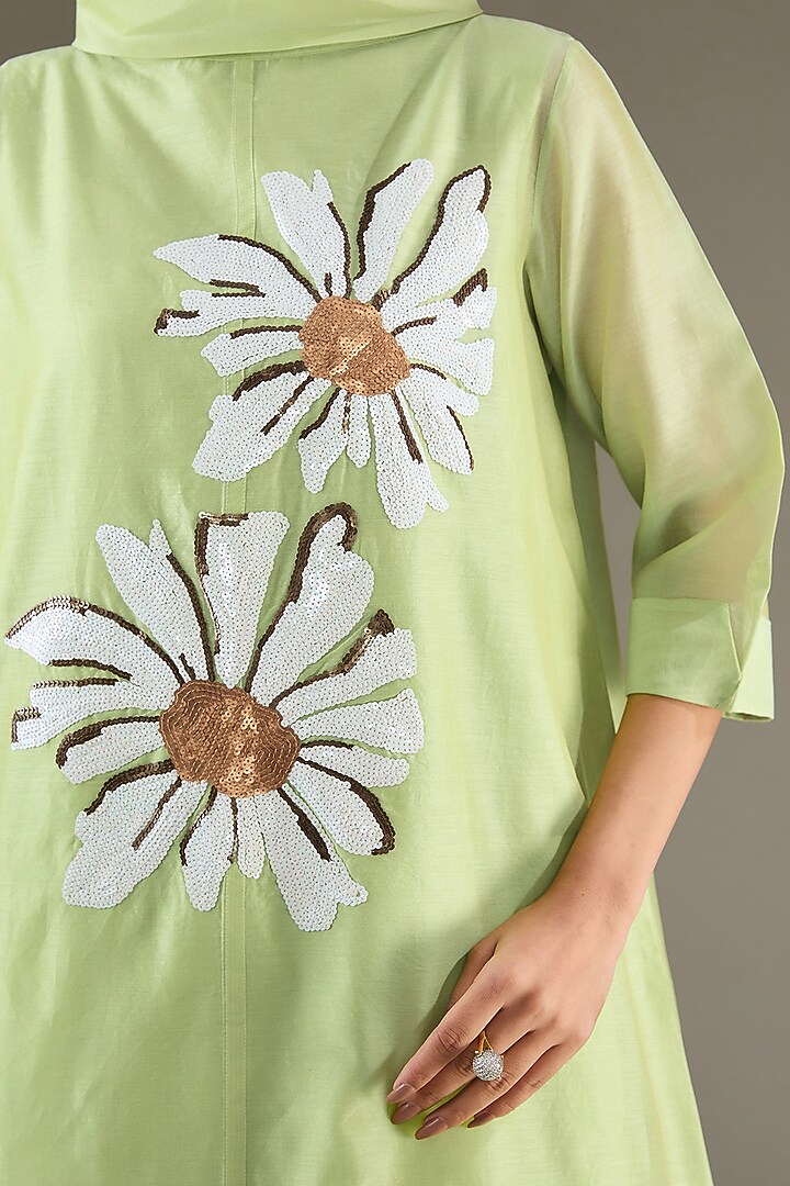 Lime Green Chanderi Sequins Hand Embroidered Tunic Set by TAIKA by Poonam Bhagat at Pernia's Pop Up Shop