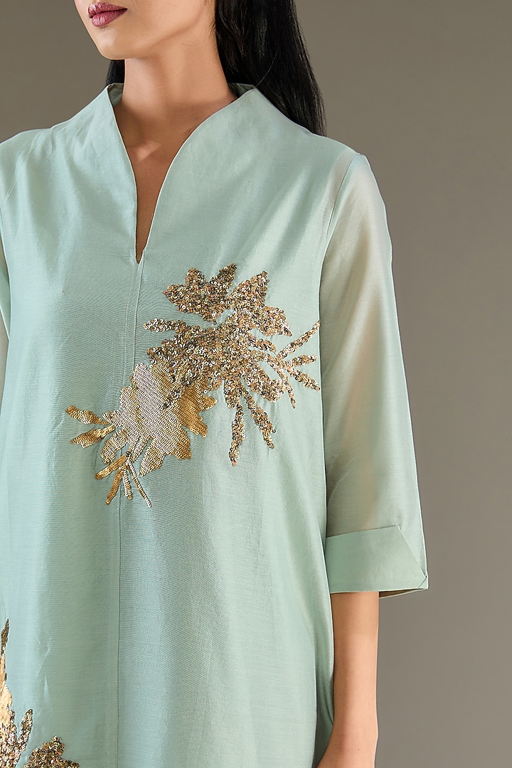 Mint Green Chanderi Sequins Hand Embroidered Tunic Set by TAIKA by Poonam Bhagat at Pernia's Pop Up Shop