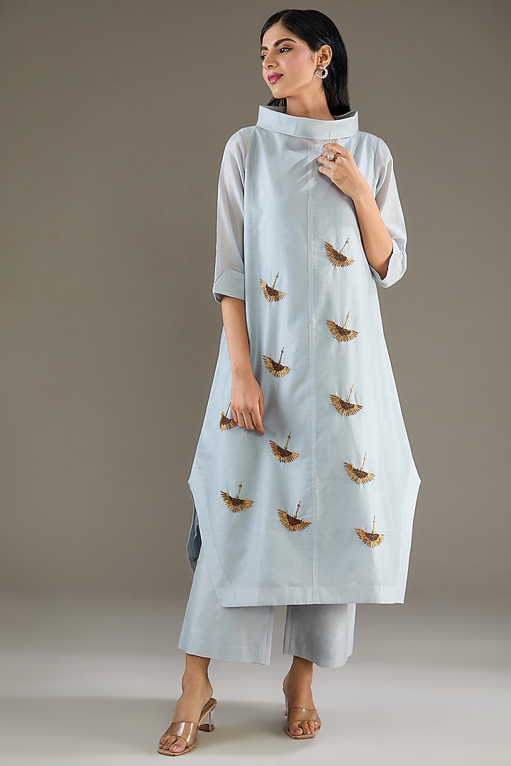 Powder Blue Chanderi Zardosi Hand Embroidered Tunic Set by TAIKA by Poonam Bhagat