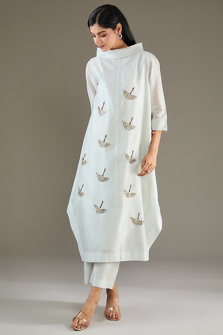 Pale Grey Chanderi Sequins Hand Embroidered Tunic Set by TAIKA by Poonam Bhagat at Pernia's Pop Up Shop