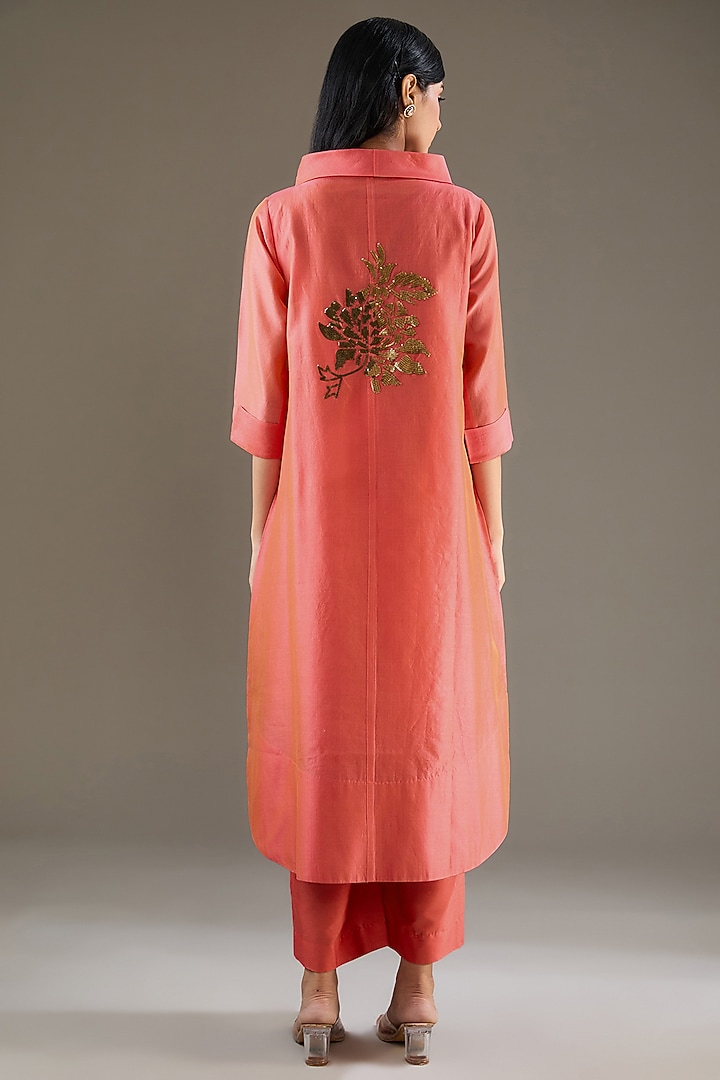 Peach Chanderi Sequins Hand Embroidered Tunic Set by TAIKA by Poonam Bhagat at Pernia's Pop Up Shop