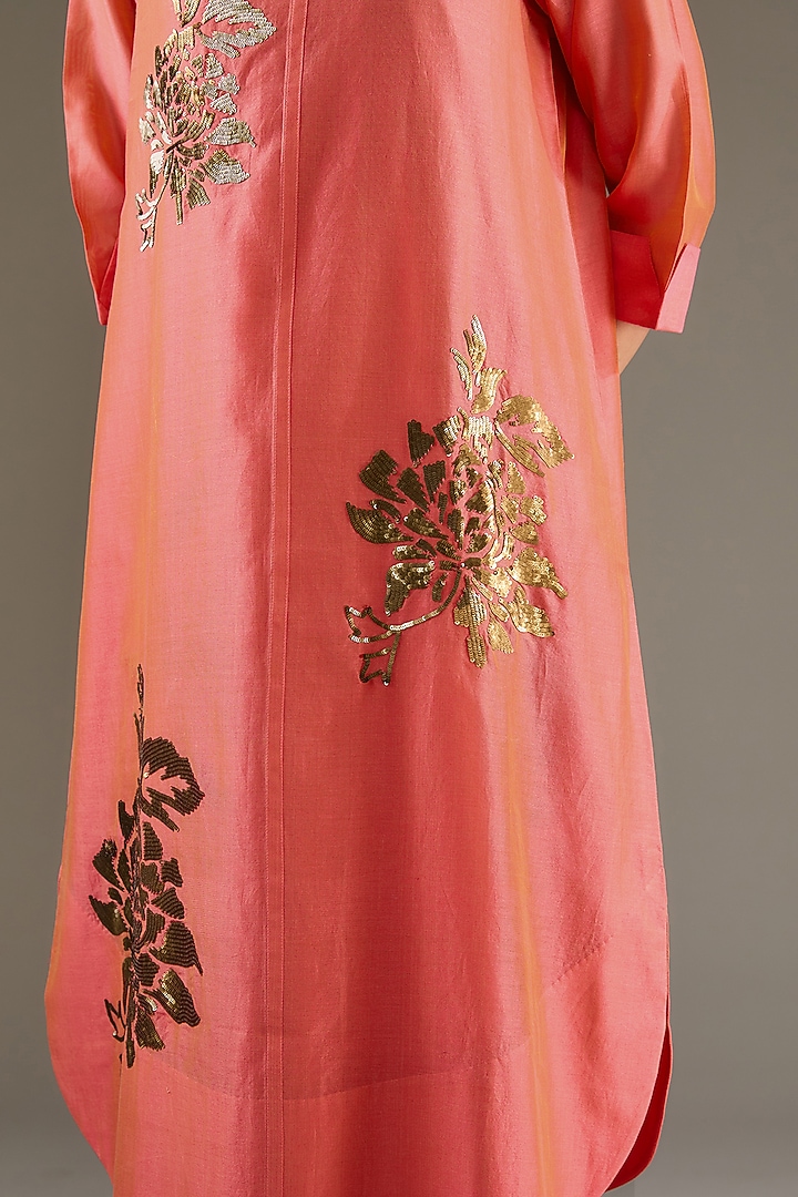 Peach Chanderi Sequins Hand Embroidered Tunic Set by TAIKA by Poonam Bhagat at Pernia's Pop Up Shop