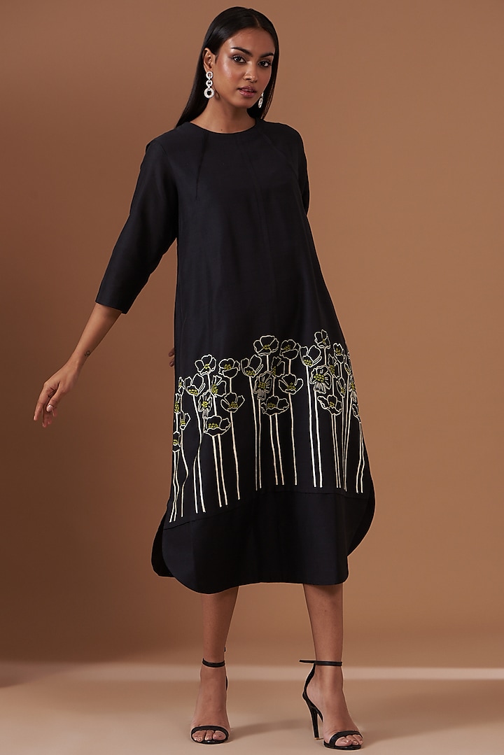 Black Blended Silk Embroidered Dress by TAIKA by Poonam Bhagat