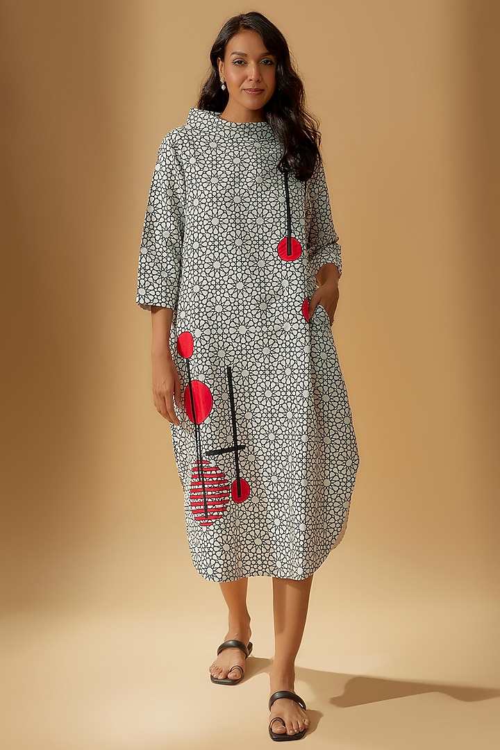 Ivory Cotton Linen Printed Midi Dress by Taika By Poonam Bhagat