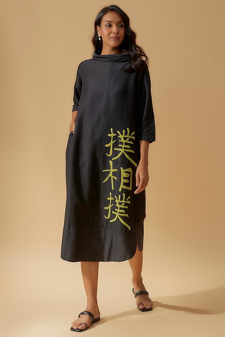 Black Cotton Embroidered Midi Dress by Taika By Poonam Bhagat