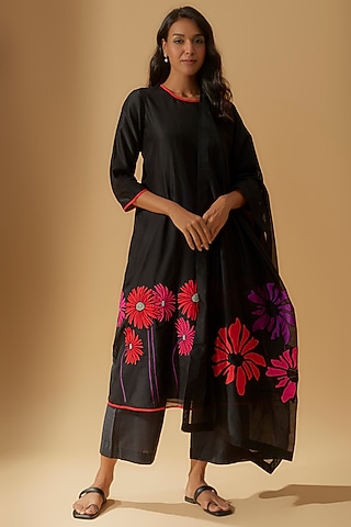 Black Chanderi Embroidered Anarkali Set by Taika By Poonam Bhagat