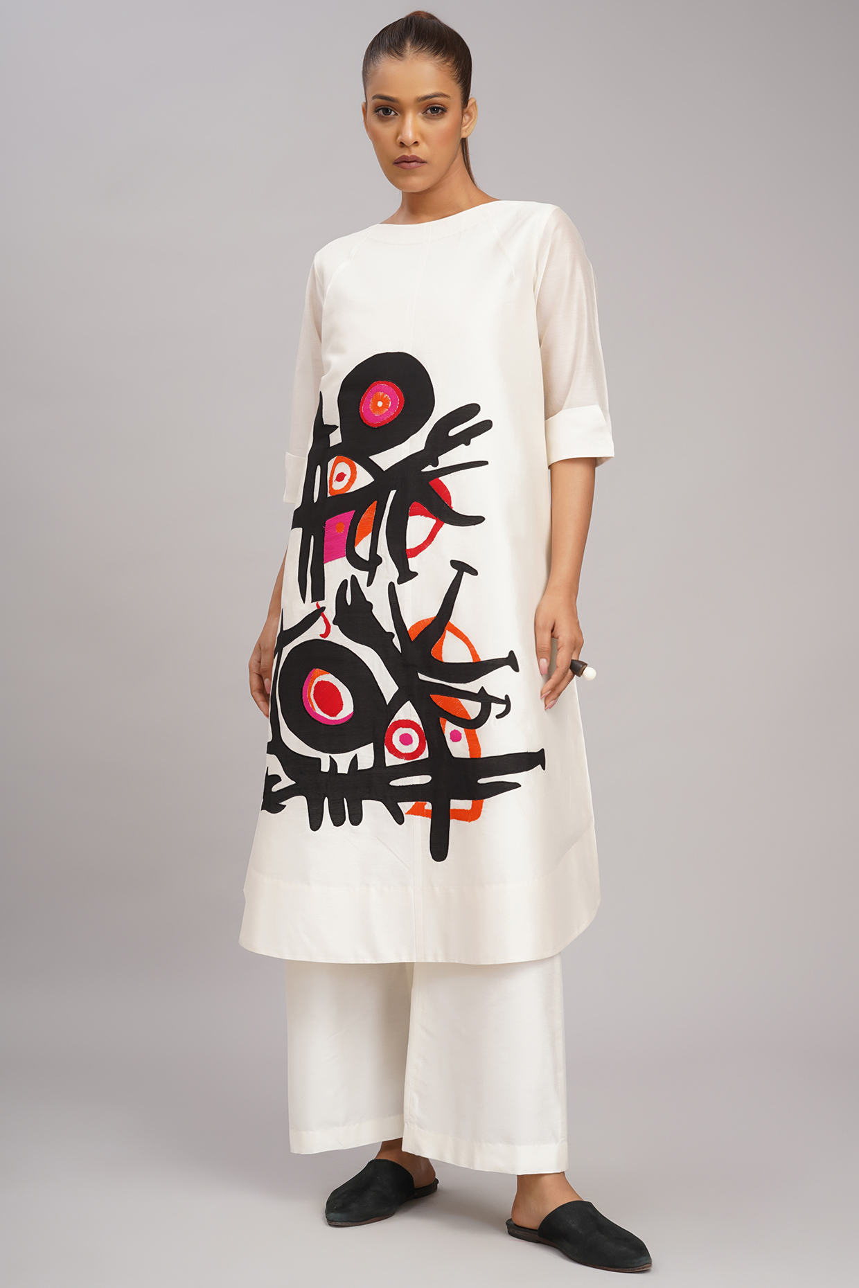 Ivory Chanderi Machine Embroidered Tunic Set by Taika By Poonam Bhagat at Pernia's Pop Up Shop