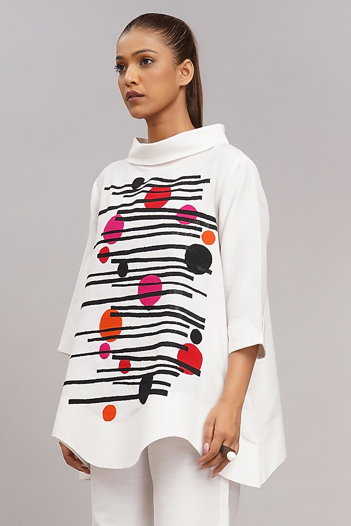 Ivory Cotton Silk Machine Embroidered Top by Taika By Poonam Bhagat at Pernia's Pop Up Shop