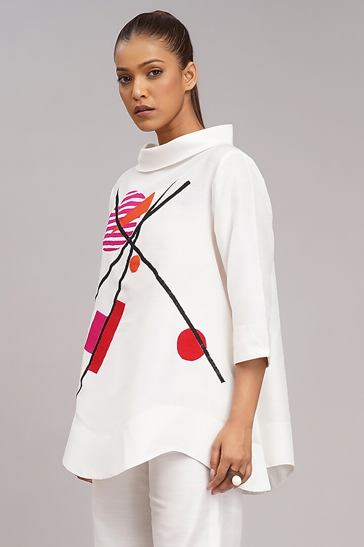 Ivory Cotton Silk Machine Embroidered Top by Taika By Poonam Bhagat at Pernia's Pop Up Shop