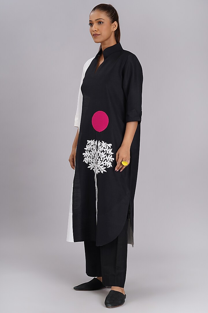 Black & White Cotton Silk Machine Embroidered Tunic Set by Taika By Poonam Bhagat at Pernia's Pop Up Shop
