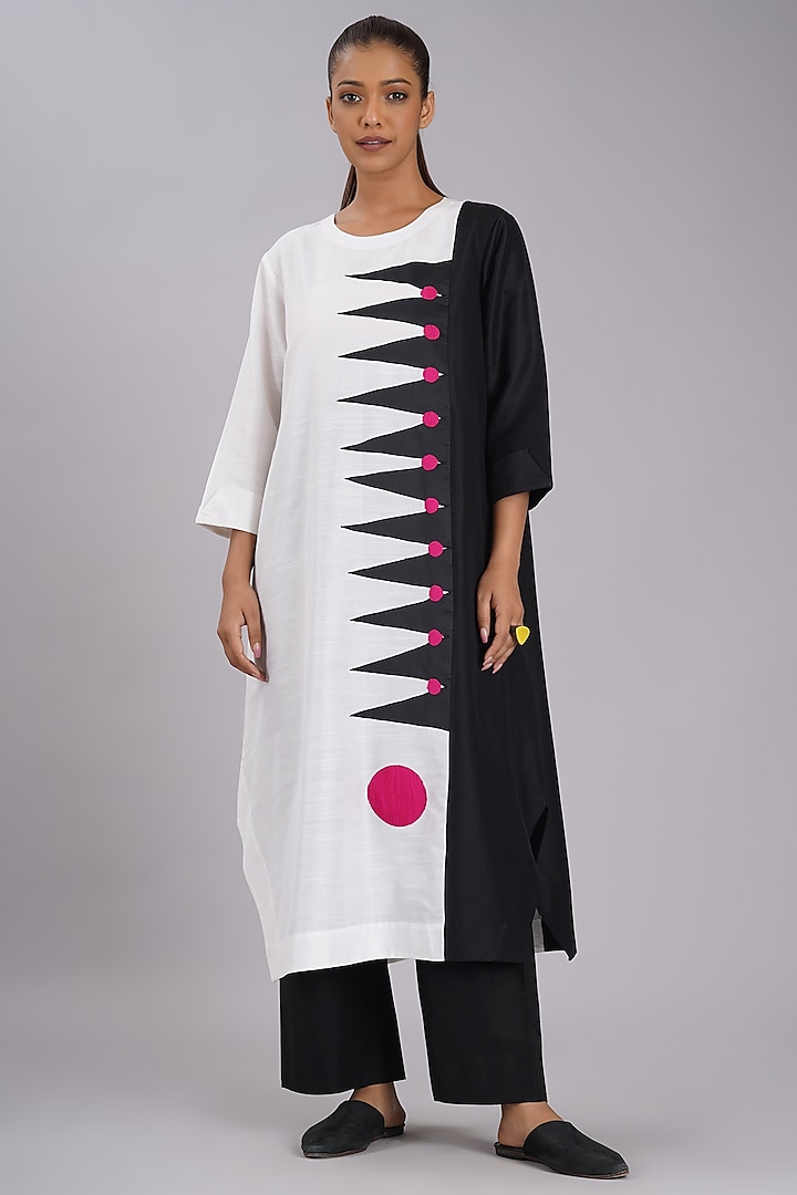 Black & White Cotton Silk Machine Embroidered Tunic Set by Taika By Poonam Bhagat at Pernia's Pop Up Shop