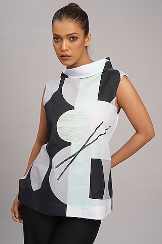 Multi-Colored Linen Printed & Embroidered Top by Taika By Poonam Bhagat