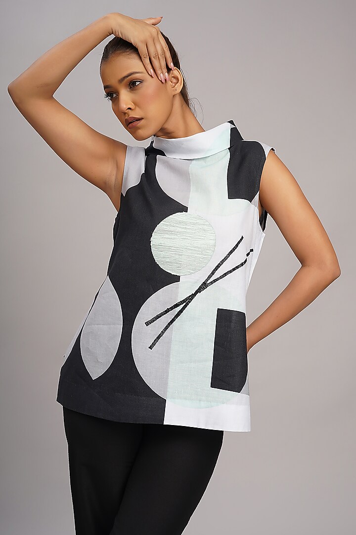 Multi-Colored Linen Printed & Embroidered Top by Taika By Poonam Bhagat at Pernia's Pop Up Shop
