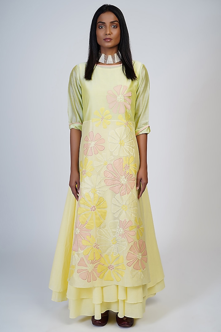 Lime Layered Tunic WIth Applique Work by Taika By Poonam Bhagat