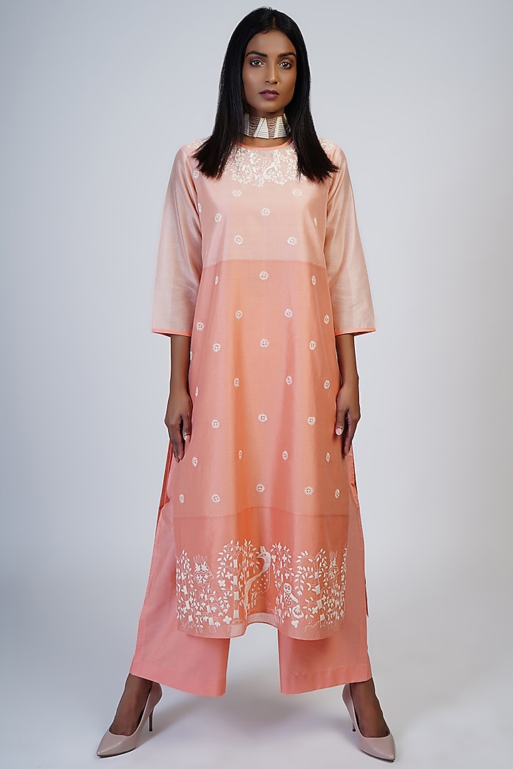Peach & Coral Embroidered & Color Blocked Tunic Set by Taika By Poonam Bhagat
