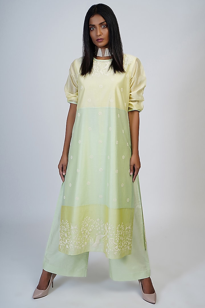 Lemon Yellow Embroidered & Color Blocked Tunic Set by Taika By Poonam Bhagat
