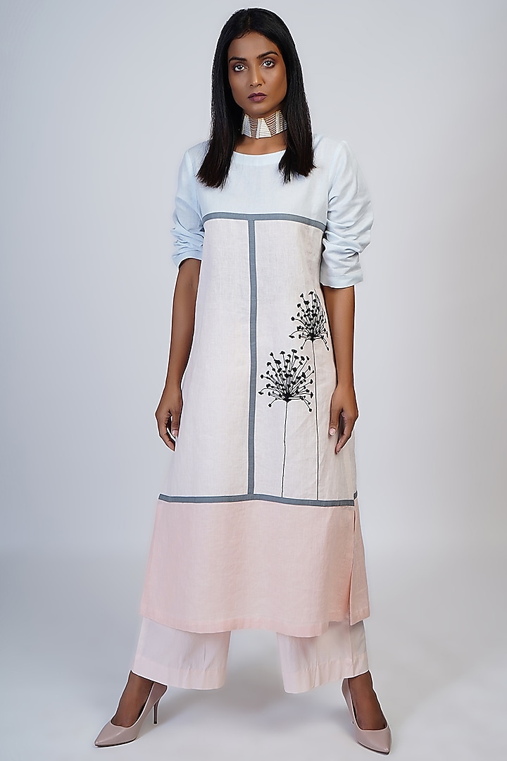 Pink & Blue Color Blocked Tunic Set by Taika By Poonam Bhagat